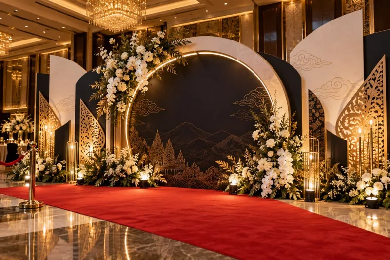 Instalasi photobooth karpet merah lobi ballroom bertema Candi Prambanan berornamen gunungan dan rangkaian anggrek