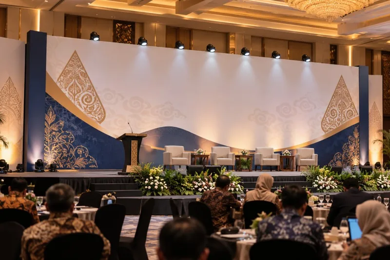 Backdrop panggung diskusi panel seminar nasional bernuansa nusantara kontemporer dengan gunungan wayang emas