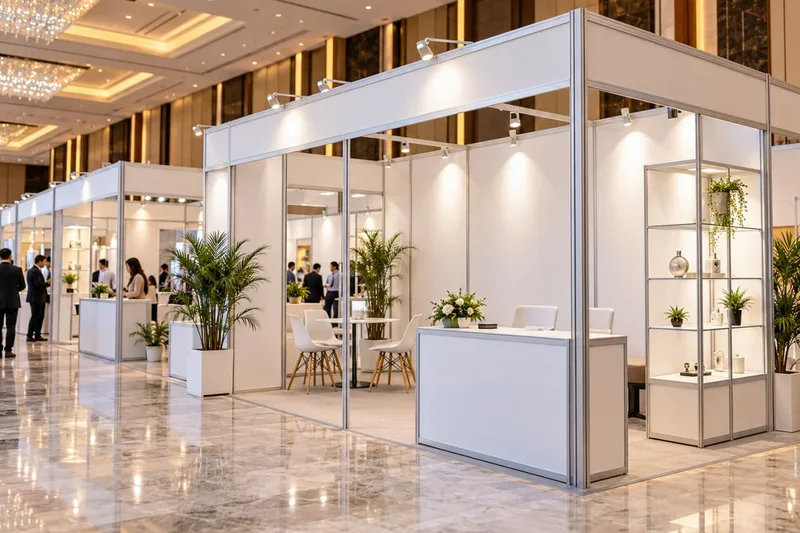 Paviliun stan pameran modular putih bersih berfascia logo perusahaan dan etalase kaca display produk