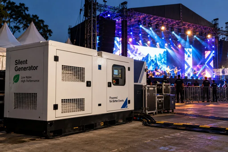 Unit genset silent hemat kebisingan menyuplai daya listrik panggung hiburan musik dan tata cahaya outdoor