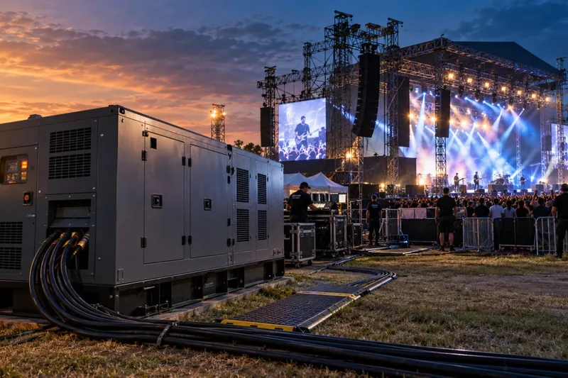 Unit genset silent berdaya besar di lapangan rumput menyuplai listrik panggung festival musik outdoor saat senja