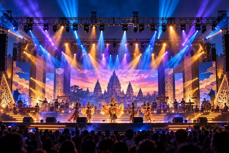 Pentas seni tari kolosal malam hari di pelataran Candi Prambanan dengan sorotan moving beam dan tata lampu panggung dramatis