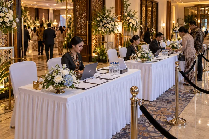 Area meja registrasi tamu dan presensi acara berbalut taplak skirting putih lengkap dengan laptop dan petugas berseragam batik