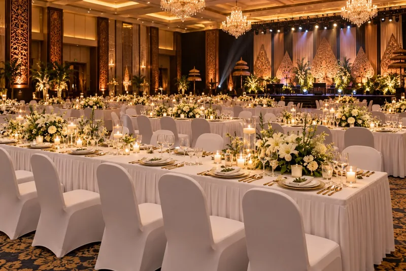 Penataan deretan meja banquet panjang jamuan makan malam fine dining berbalut taplak skirting putih dan kursi ber-sarung ketat