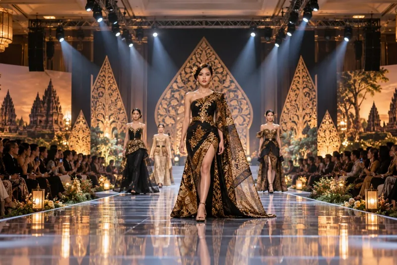 Panggung catwalk peragaan busana batik nusantara dengan lantai hitam glossy dan latar gunungan wayang