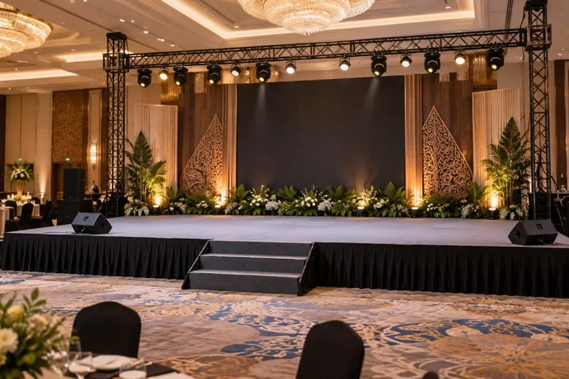 Panggung modular karpet ballroom hotel dilengkapi tangga tengah, videotron dan ornamen gunungan wayang
