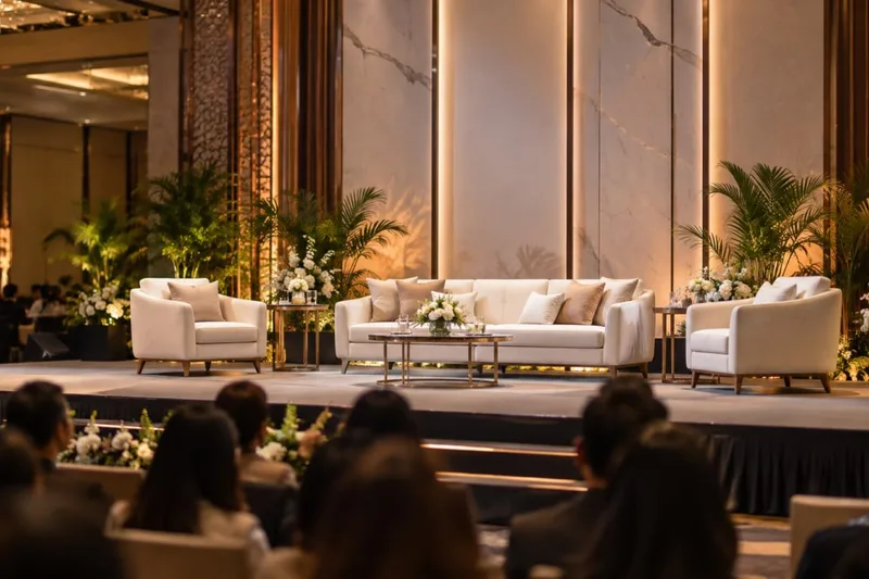 Panggung talkshow eksekutif dengan formasi sofa krem elegan dan kursi single di hadapan audiens ballroom