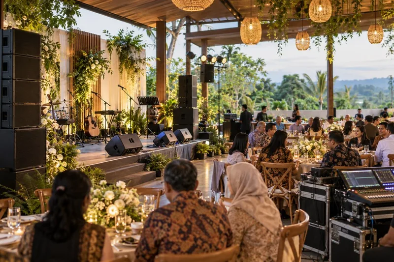 Penataan sound system live band dan audio mixer digital FOH pada acara jamuan makan malam gathering semi-outdoor