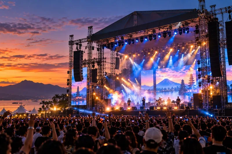 Panggung konser festival outdoor di tepi perairan dengan tata suara sound system line array dan sorotan lampu panggung spektakuler saat senja