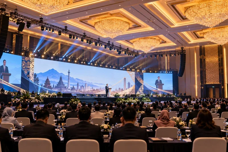 Konferensi akbar di grand ballroom hotel mewah dengan tata suara jernih untuk pemateri di podium dan layar videotron megah