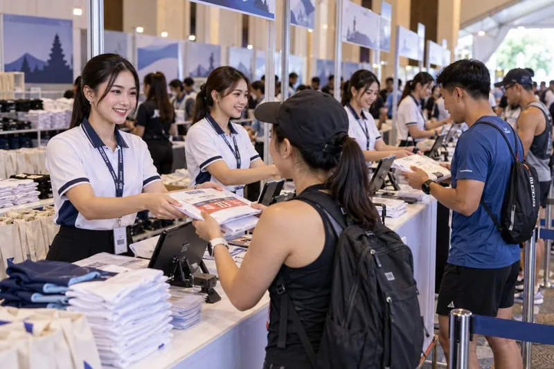 Kru usher wanita menyerahkan kaos jersey dan nomor dada BIB kepada peserta di konter race pack marathon expo