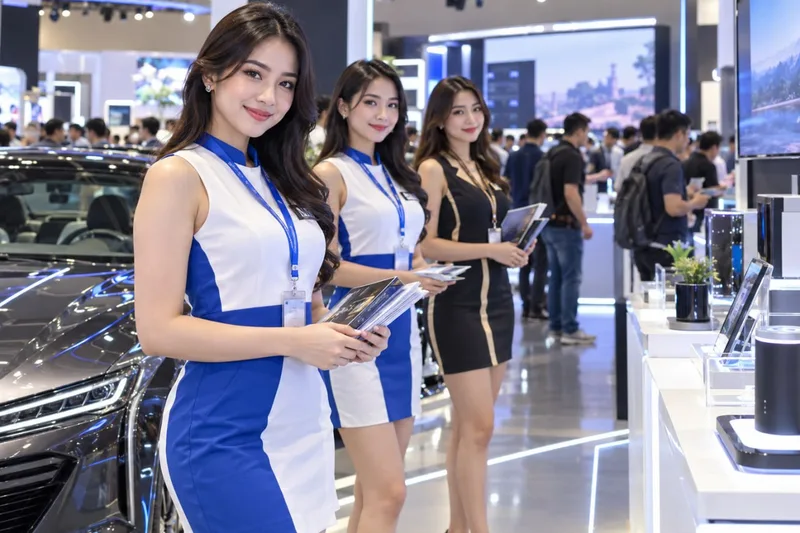 Tiga SPG brand ambassador elegan memegang brosur spesifikasi di samping display mobil pameran otomotif