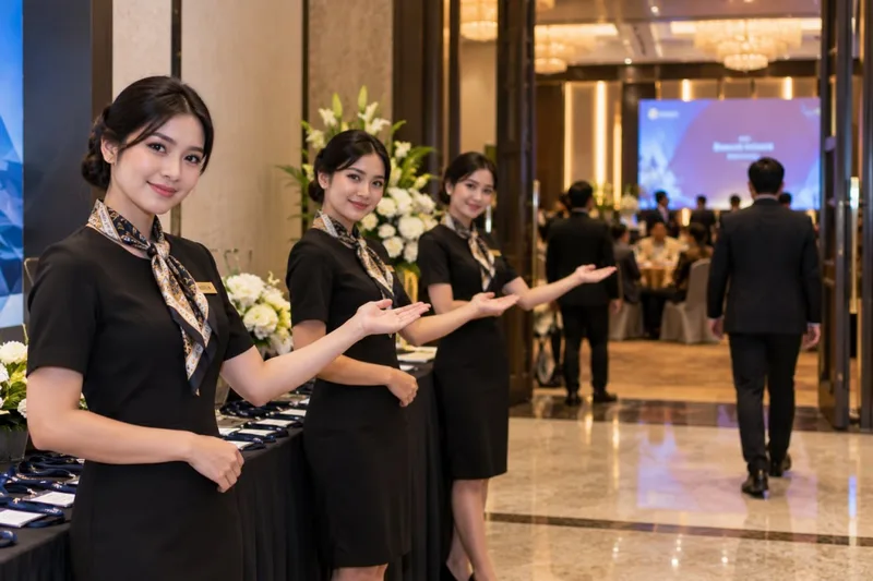 Tiga usher wanita bergaun hitam formal dengan syal elegan mengarahkan tamu di meja registrasi VIP lobi ballroom
