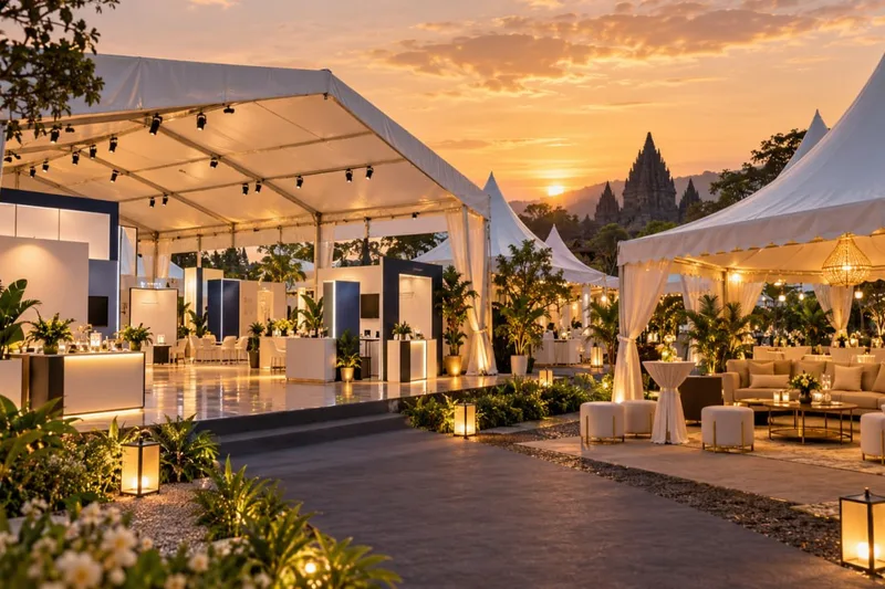 Tenda roder paviliun pameran produk eksklusif dan tenda sarnafil ruang lounge VIP bernuansa senja