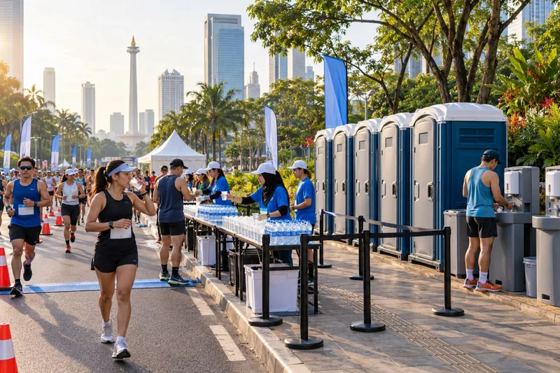 Bilik toilet portable dan wastafel cuci tangan di pos hidrasi lomba lari maraton kota berlatar Monas