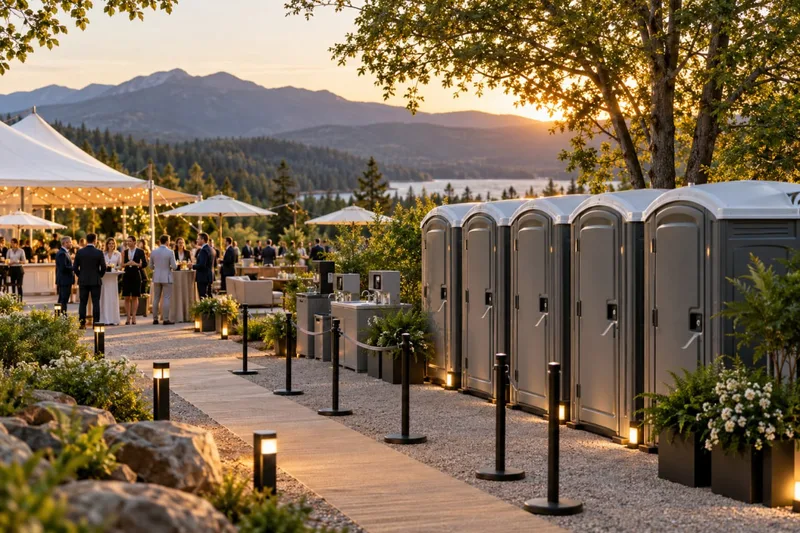 Deretan toilet portable premium bersih berlampu taman di area pesta kebun outdoor saat matahari terbenam
