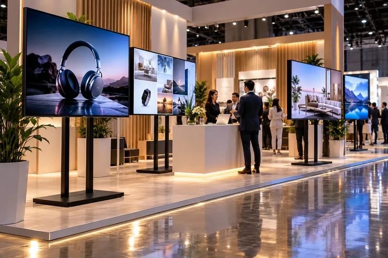 Deretan layar TV standing display promosi produk digital dengan bracket tiang ganda pada stan expo modern