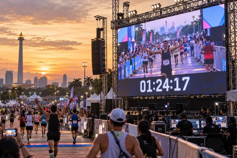 Layar videotron outdoor raksasa menampilkan timer pencatat waktu dan live streaming pada lomba lari maraton