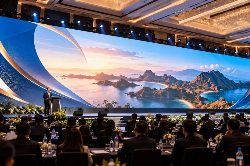 Layar videotron panorama indoor berukuran besar sebagai latar panggung utama seminar dan konferensi internasional